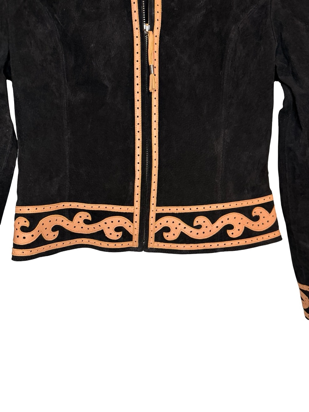Cripple Creek Black Suede Leather Jacket XS Western Tooled Trim Southwestern Y2K - Picture 4 of 8